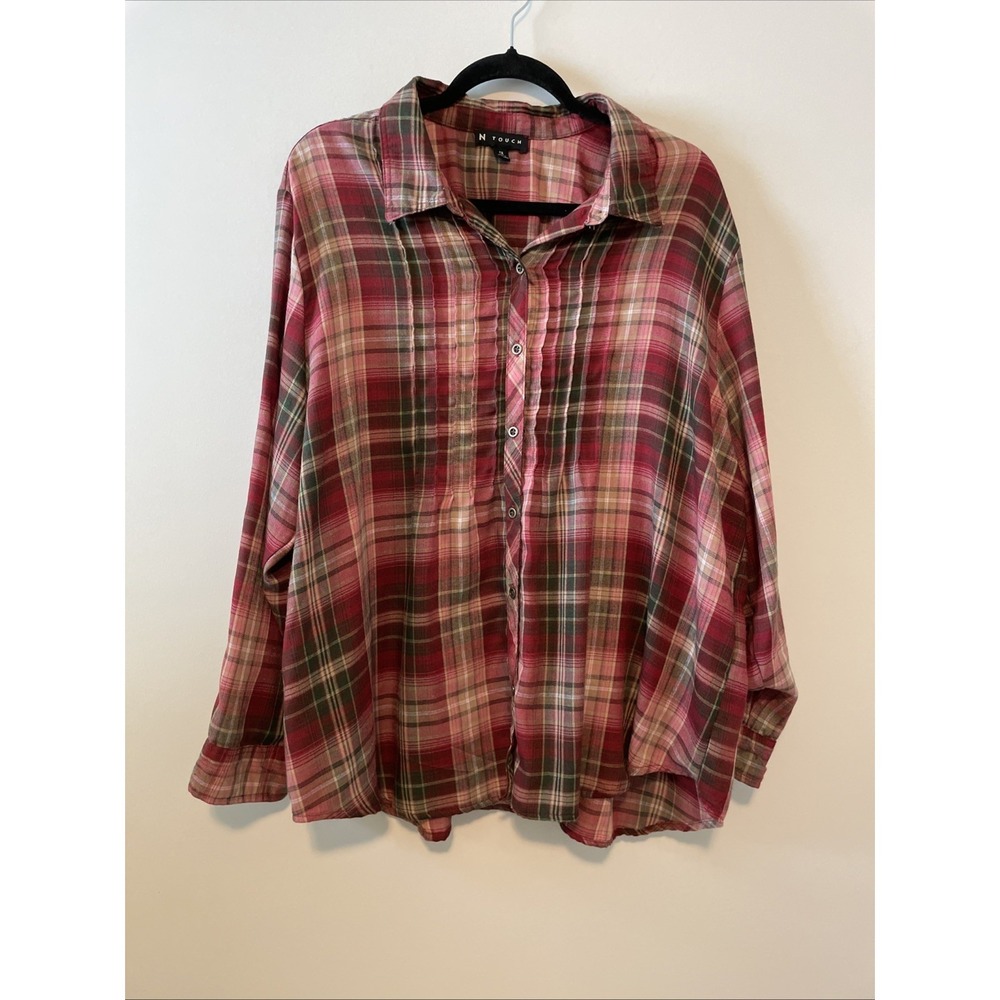 N Touch 1X Pink Plaid Button Front Shirt Roll Tab Sleeve Boho